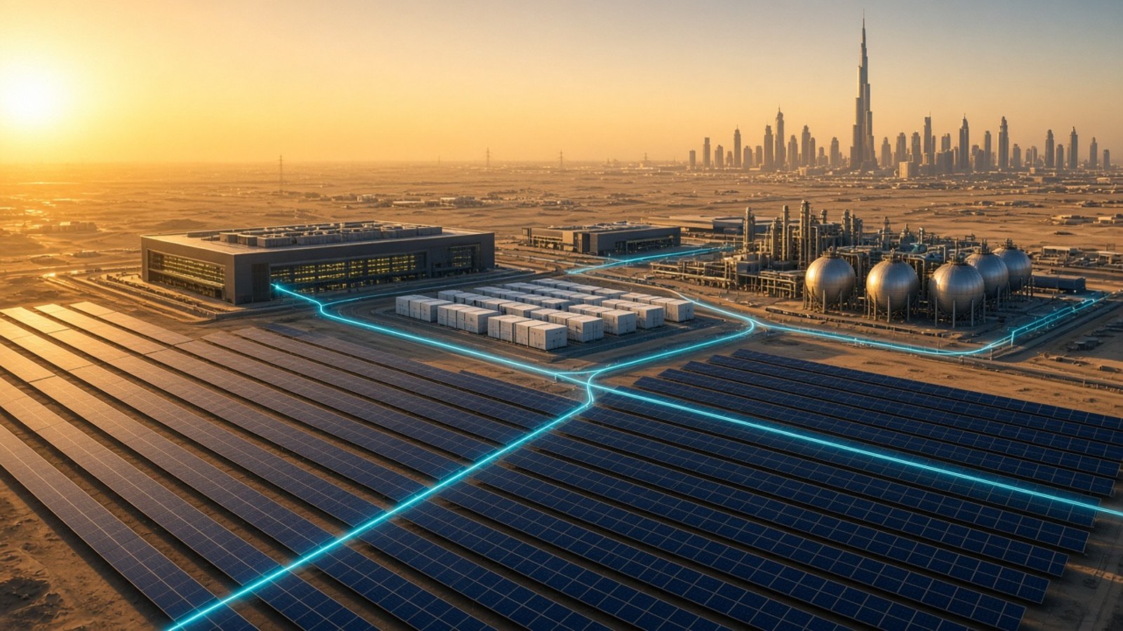Aerial view of a Dubai solar park linked by grid lines to an AI datacenter, battery storage, a green hydrogen plant and the Dubai skyline