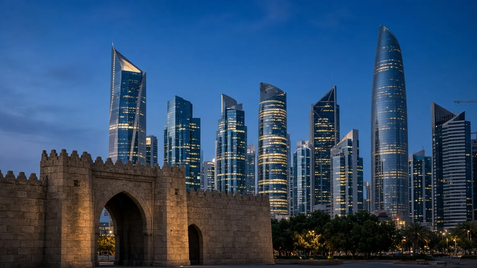 AI-generated image of a modern Gulf city skyline at blue hour