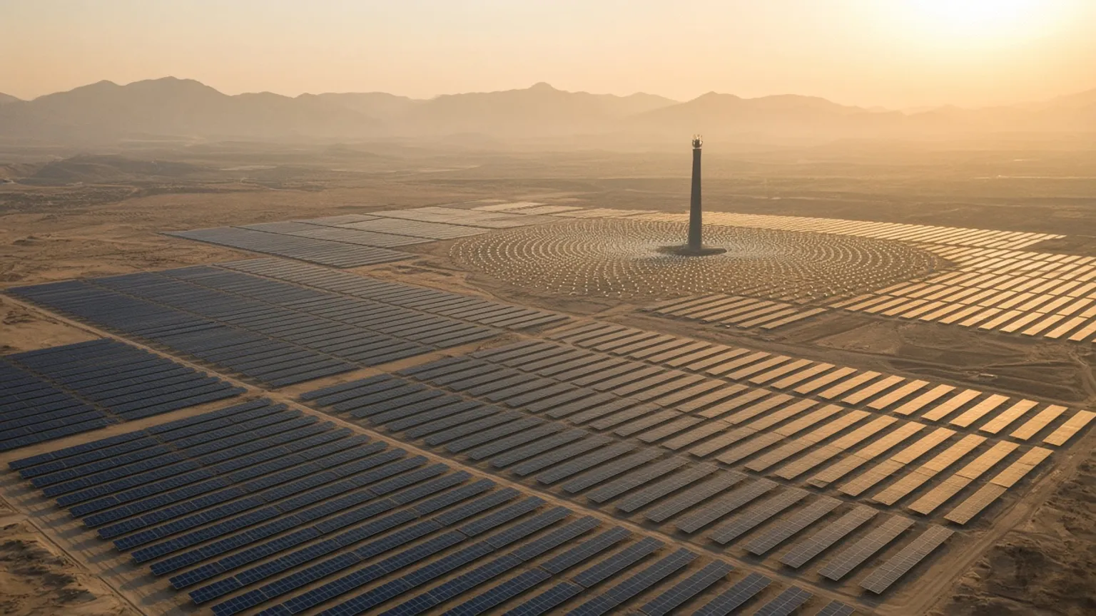 AI-generated image of a large desert solar park with a solar power tower at sunset