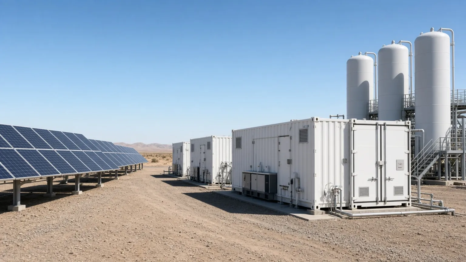 AI-generated image of electrolyser containers and hydrogen tanks next to solar panels