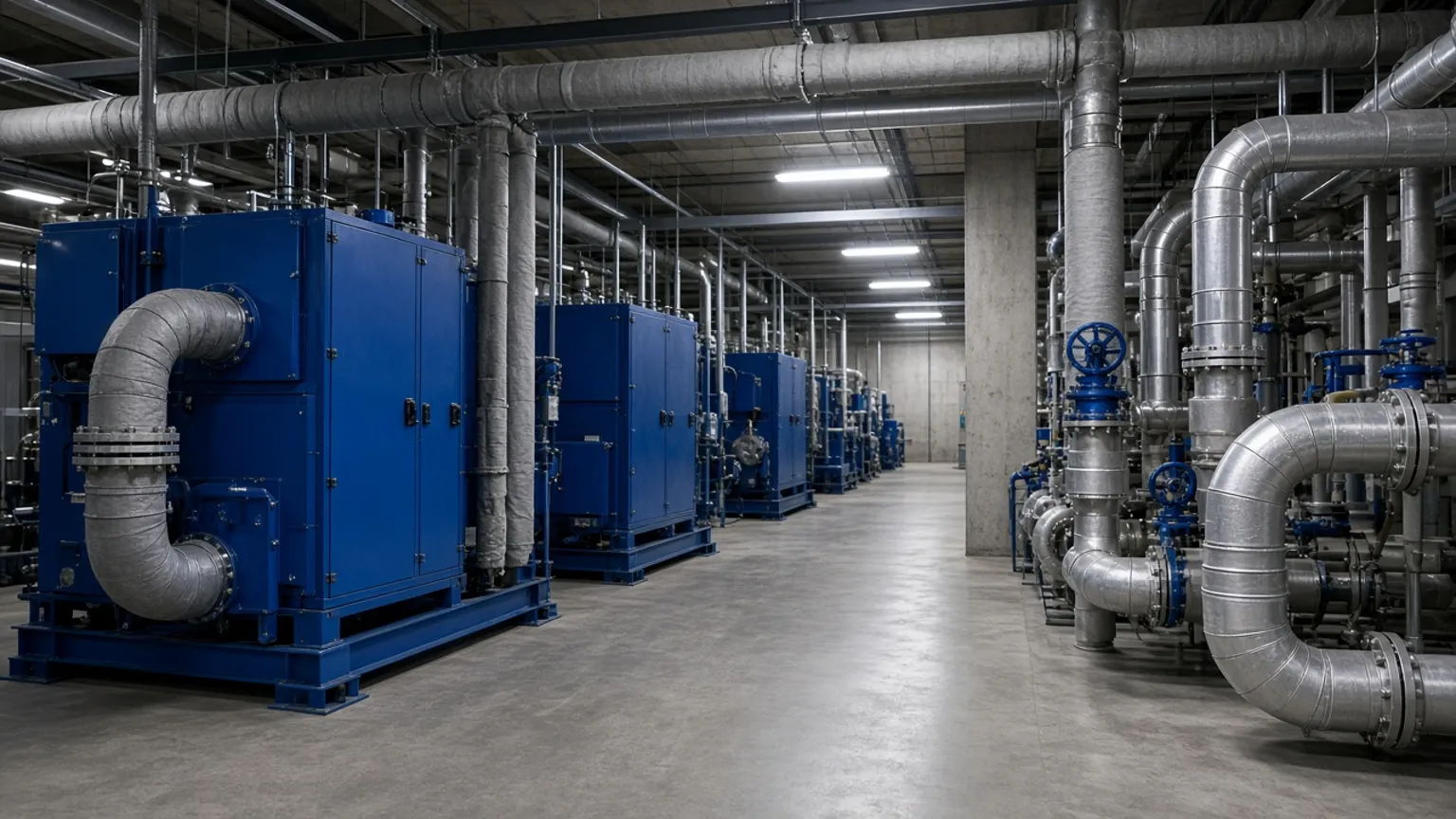 AI-generated image of chiller units and pipes inside a district cooling plant