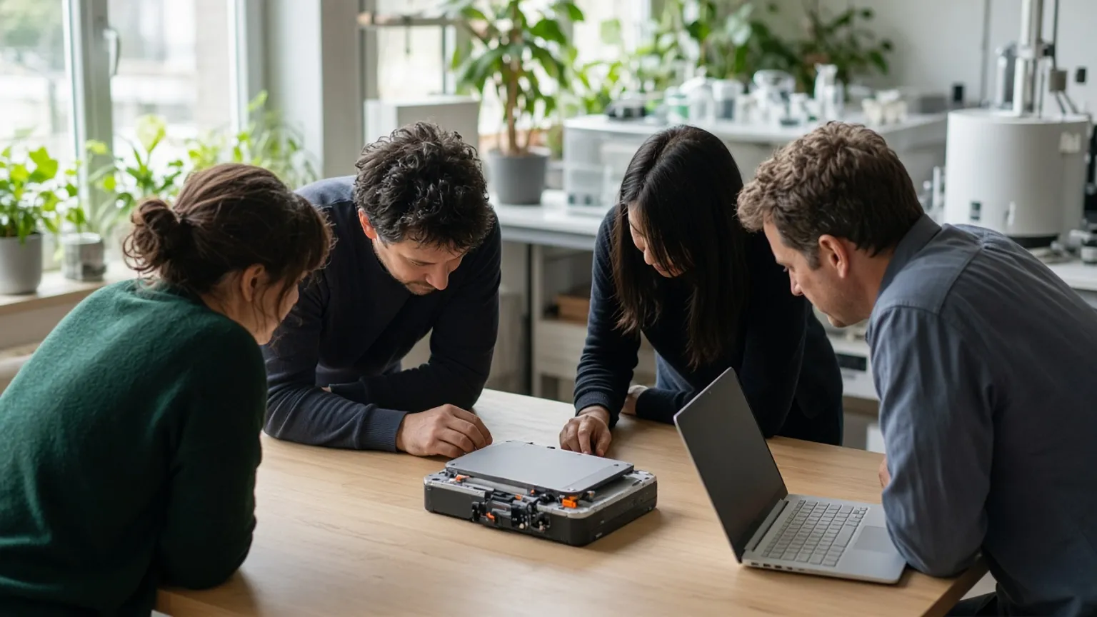 AI-generated image of founders examining a battery prototype in a lab