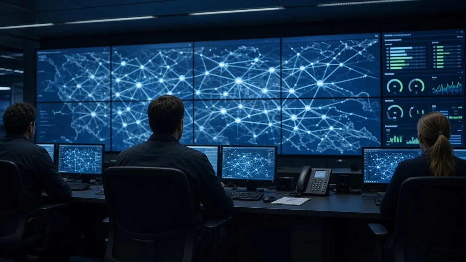 AI-generated image of a power grid control room with wall screens